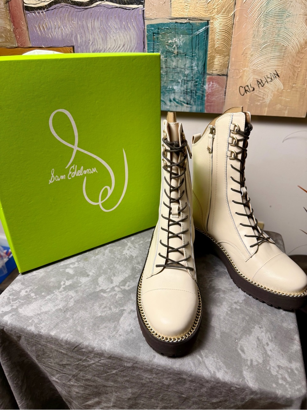 Brand New Sam Edelman Lenley Cream Lace-Up Platform Combat Boots 8.5M